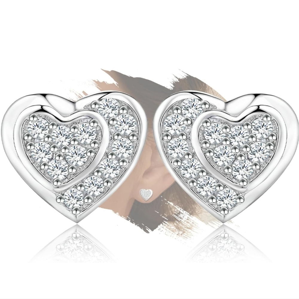 Sterling Silver Heart Crystal Stud Earrings - Sparkling Silver Heart Jewelry